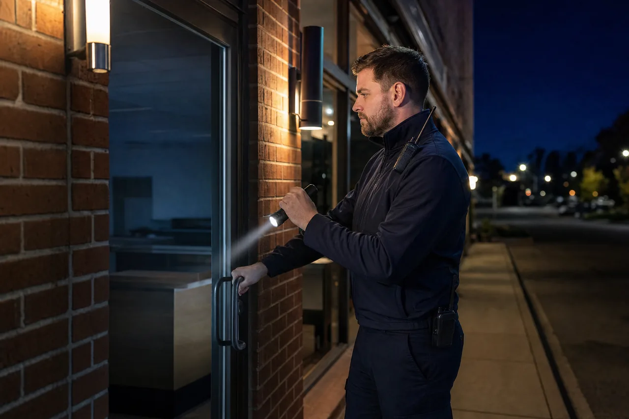 Security officer checking a commercial door with a flashlight during a night alarm response