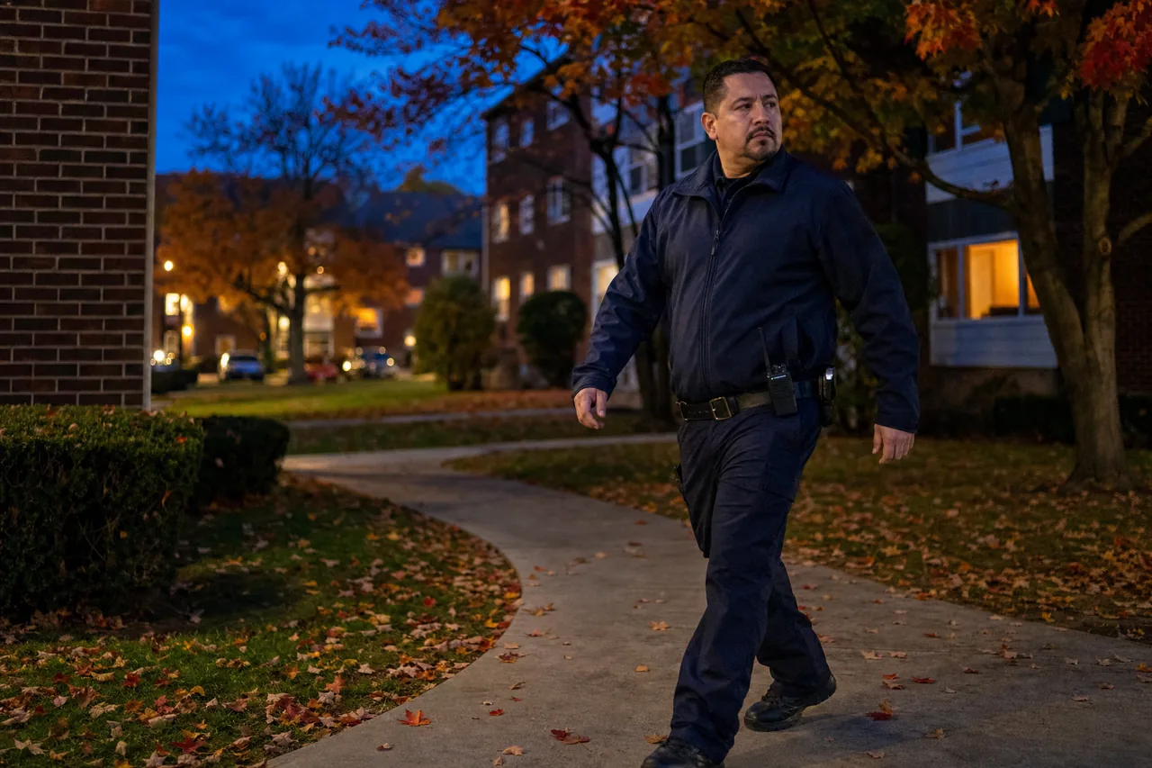 Security officer walking an evening patrol past apartment buildings in a residential community