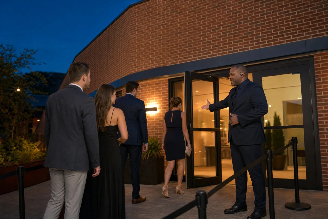 Event security officer checking credentials at a venue entrance while guests queue