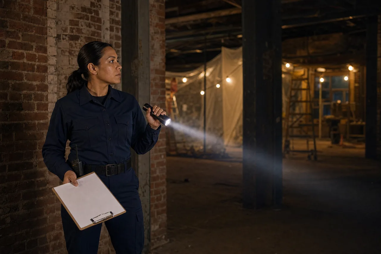 Fire watch officer sweeping a flashlight across an industrial interior during a night patrol