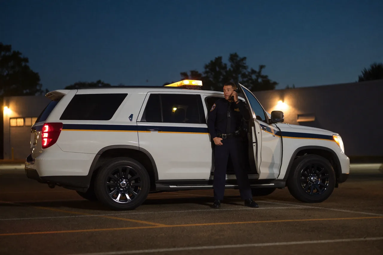Marked security patrol vehicle making a nighttime pass through a commercial parking lot