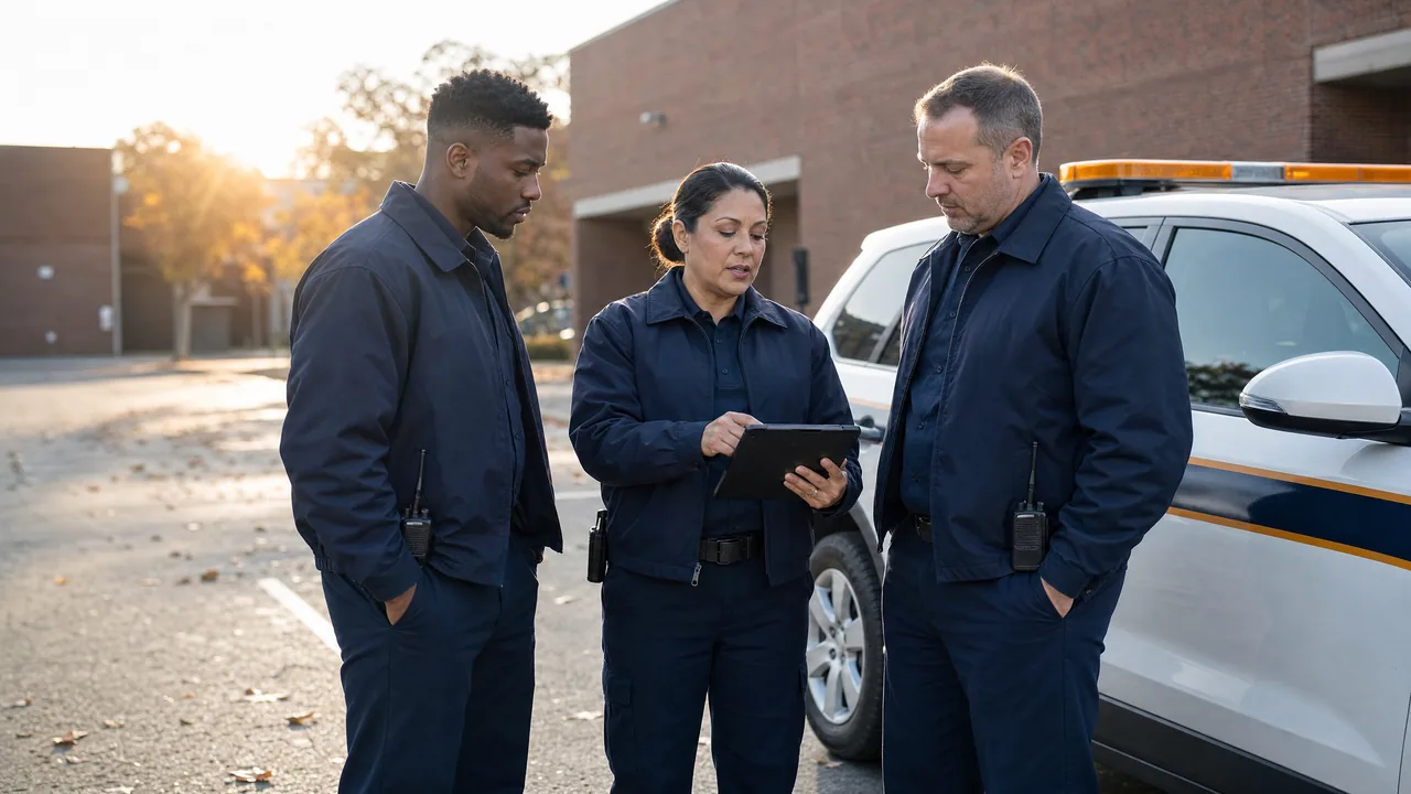 Security supervisor briefing two officers beside a patrol vehicle on a fall morning
