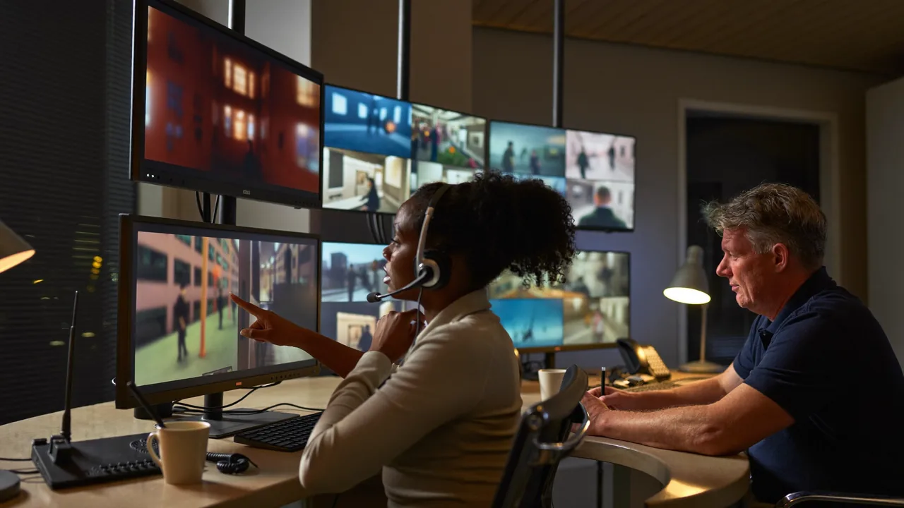 Operators monitoring live camera feeds in a security operations center