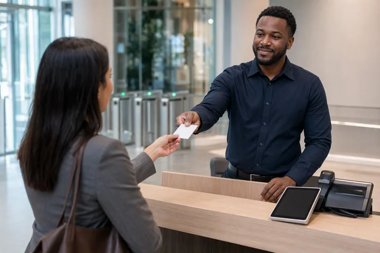 Security officer assisting a visitor at a front desk sign-in