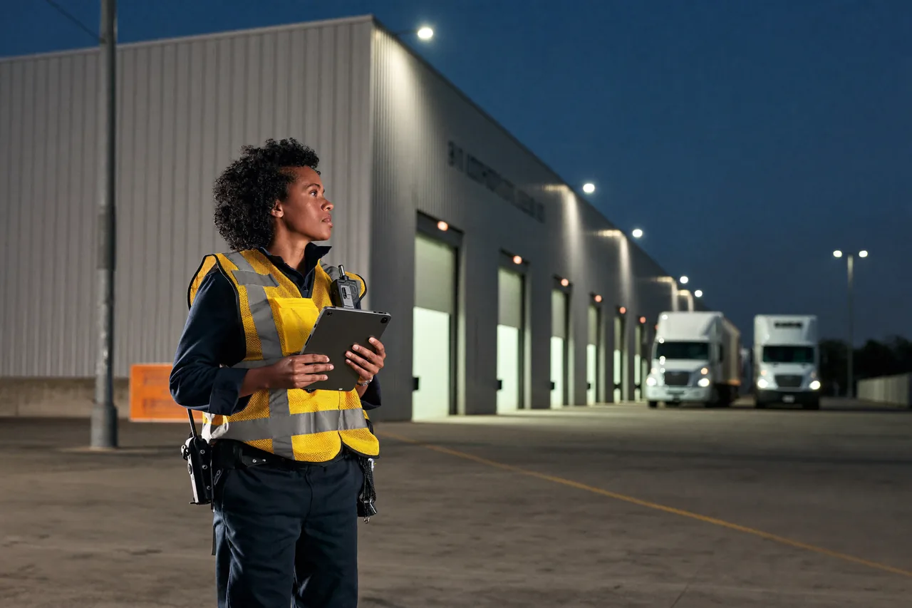 Security officer overseeing loading docks and trailer yard at a Central Massachusetts distribution warehouse