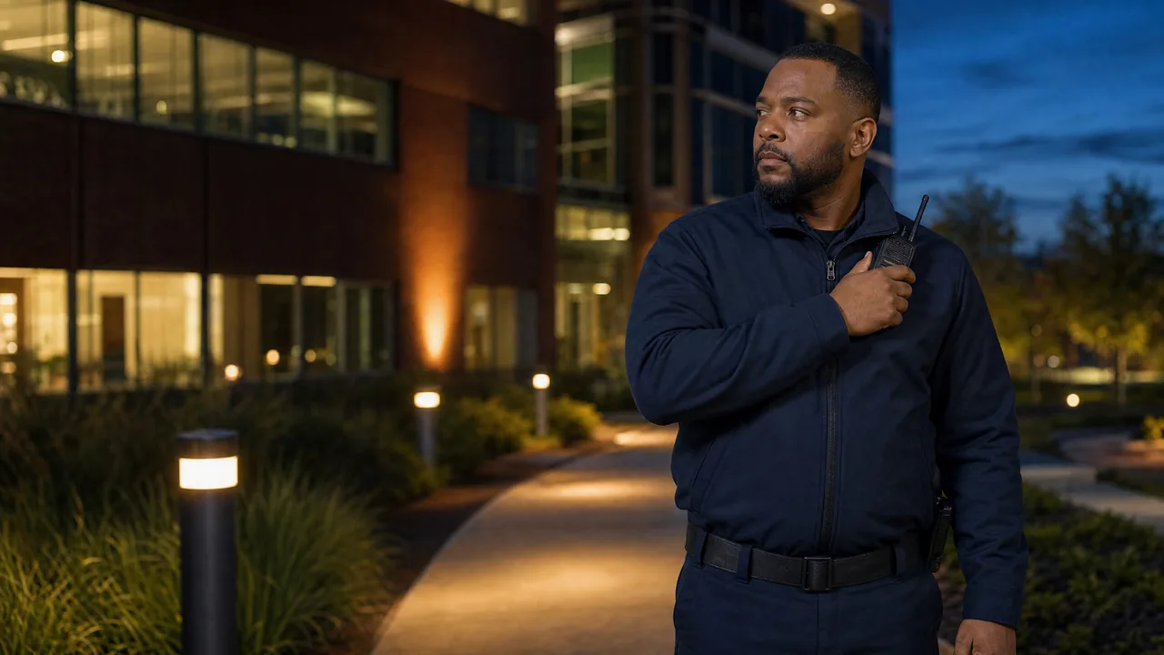 Worcester Security Guards officer on an evening patrol outside a commercial property in Worcester, Massachusetts